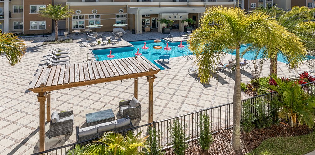 beautiful pool view from apartment balcony